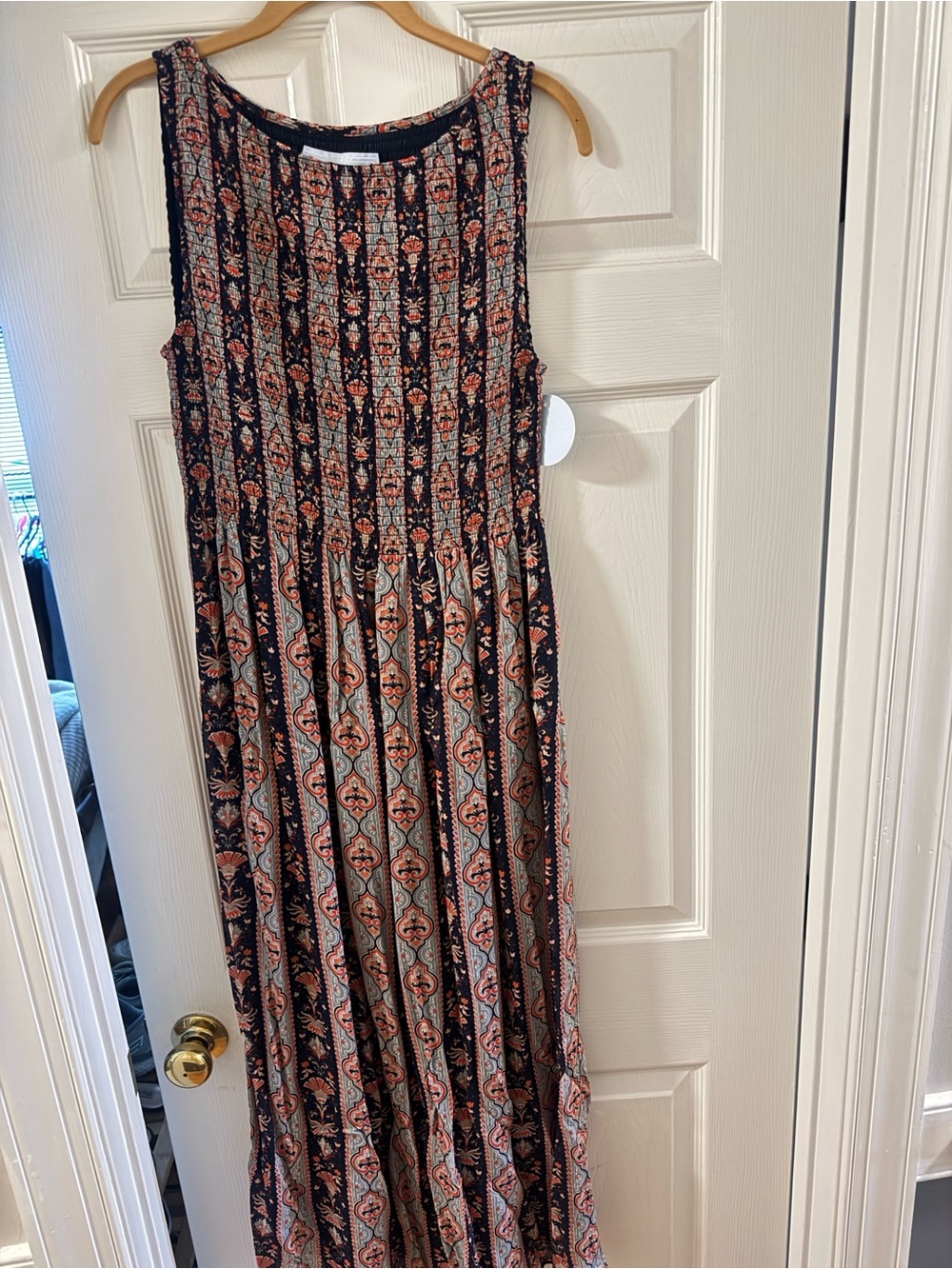 Hill House Sleeveless Navy and Rust Printed Maxi Skirt